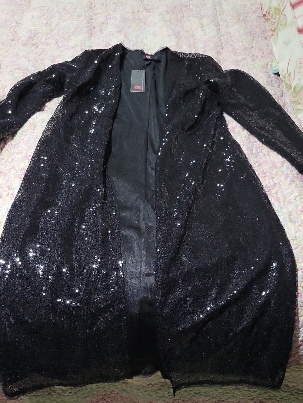 KANCY KOLE Black Sequin Open-Front Duster